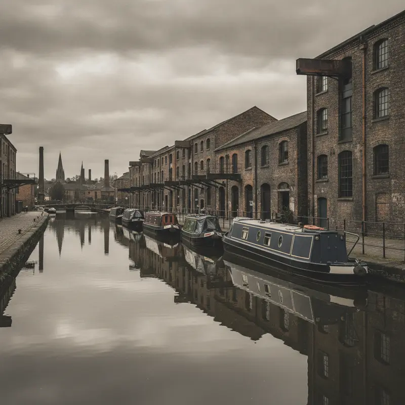 Narrowboats moored in a canal basin beside old brick warehouses