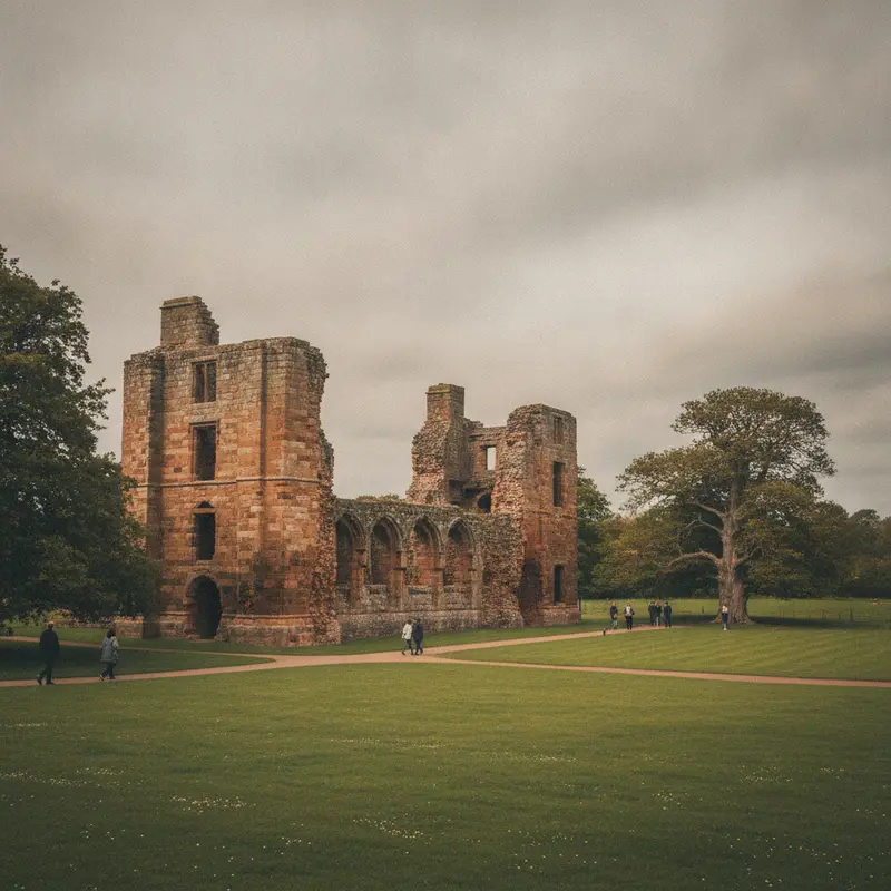 Red sandstone castle ruins in the Warwickshire countryside