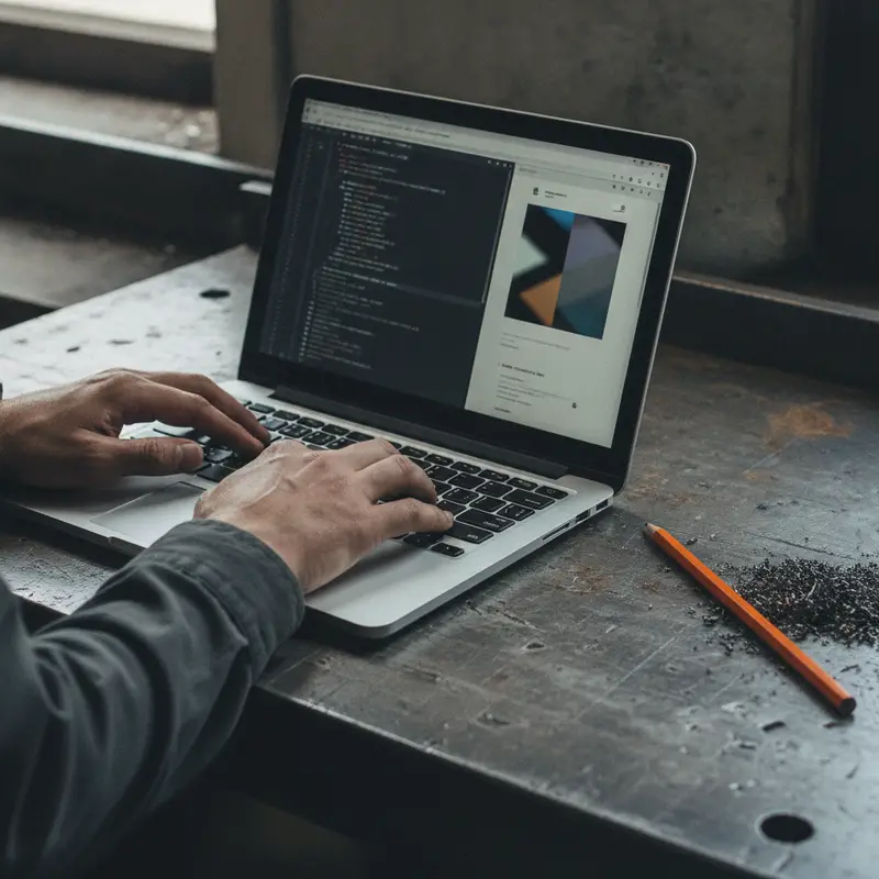 Hands typing on a laptop showing code and a website preview on a steel workbench