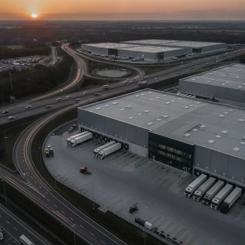 Large distribution warehouses beside a motorway junction at dusk
