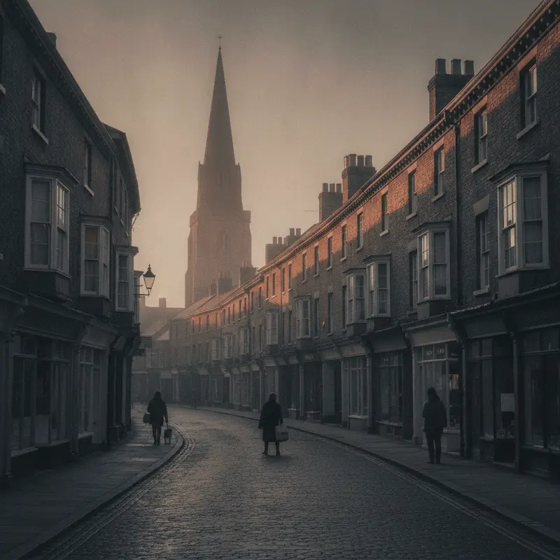 A market town high street with Victorian brick shopfronts and a church spire