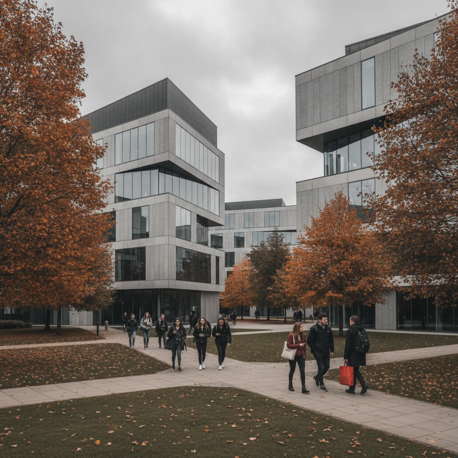 Students walking through a modern university campus in autumn